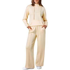imageAleumdr Women 2 Piece Sweatsuit Casual Long Sleeve Half Zip Tracksuits Hoodies and Wide Legs Sweatpangts with PocketsOatmeal