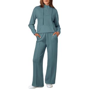 imageAleumdr Women 2 Piece Sweatsuit Casual Long Sleeve Half Zip Tracksuits Hoodies and Wide Legs Sweatpangts with PocketsReal Teal