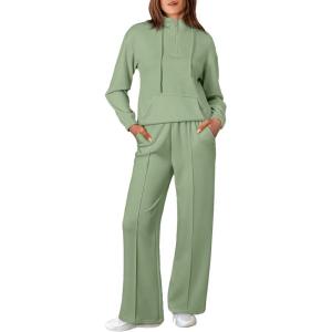 imageAleumdr Women 2 Piece Sweatsuit Casual Long Sleeve Half Zip Tracksuits Hoodies and Wide Legs Sweatpangts with PocketsSmoke Green