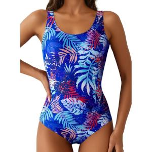 imageAleumdr Womens Color Block Print One Piece Swimsuits Athletic Training Swimwear Bathing SuitsFloral Blue