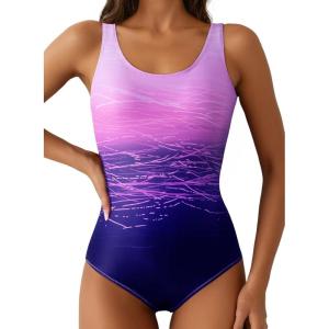 imageAleumdr Womens Color Block Print One Piece Swimsuits Athletic Training Swimwear Bathing SuitsPurple