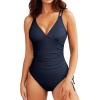 imageAleumdr One Piece Swimsuit for Women Ruched Tummy Control Bathing Suit V Neck Tie Side Swimwear Available in PlusDark Blue