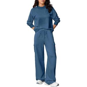 imageAleumdr Women 2 Piece Outfits Mock Neck Pullover Tops Wide Leg Sweatpants with Cargo Pockets Airport Travel Outfits 2025Ashleigh Blue