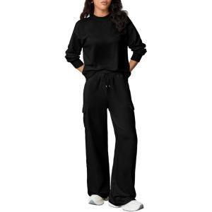 imageAleumdr Women 2 Piece Outfits Mock Neck Pullover Tops Wide Leg Sweatpants with Cargo Pockets Airport Travel Outfits 2025Black