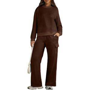 imageAleumdr Women 2 Piece Outfits Mock Neck Pullover Tops Wide Leg Sweatpants with Cargo Pockets Airport Travel Outfits 2025Coffee