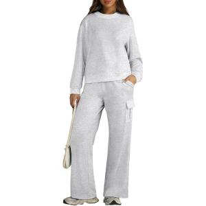 imageAleumdr Women 2 Piece Outfits Mock Neck Pullover Tops Wide Leg Sweatpants with Cargo Pockets Airport Travel Outfits 2025Light Grey
