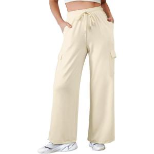 imageAleumdr Women High Waisted Cargo Pants Wide Leg Baggy Sweatpants Drawstring Parachute Pants Casual Trousers Ankle CuffsBeige