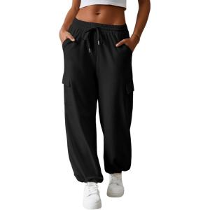 imageAleumdr Women High Waisted Cargo Pants Wide Leg Baggy Sweatpants Drawstring Parachute Pants Casual Trousers Ankle CuffsBlack