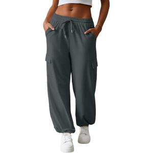 imageAleumdr Women High Waisted Cargo Pants Wide Leg Baggy Sweatpants Drawstring Parachute Pants Casual Trousers Ankle CuffsDark Grey