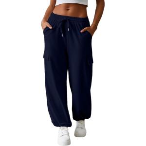 imageAleumdr Women High Waisted Cargo Pants Wide Leg Baggy Sweatpants Drawstring Parachute Pants Casual Trousers Ankle CuffsNavy Blue