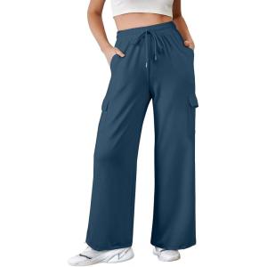 imageAleumdr Women High Waisted Cargo Pants Wide Leg Baggy Sweatpants Drawstring Parachute Pants Casual Trousers Ankle CuffsReal Teal