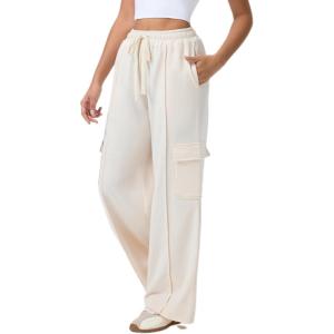 imageAleumdr Womens Wide Leg Cargo Sweatpants Casual Loose Pants Drawstring High Waisted Baggy Lounge Pants with PocketsBeige
