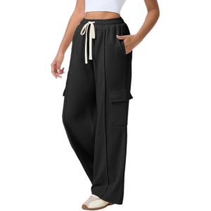 imageAleumdr Womens Wide Leg Cargo Sweatpants Casual Loose Pants Drawstring High Waisted Baggy Lounge Pants with PocketsBlack
