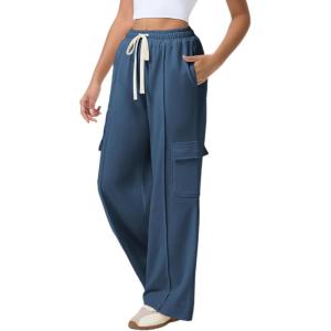 imageAleumdr Womens Wide Leg Cargo Sweatpants Casual Loose Pants Drawstring High Waisted Baggy Lounge Pants with PocketsBlue