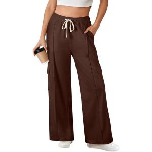 imageAleumdr Womens Wide Leg Cargo Sweatpants Casual Loose Pants Drawstring High Waisted Baggy Lounge Pants with PocketsCoffee