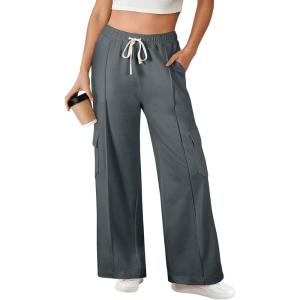 imageAleumdr Womens Wide Leg Cargo Sweatpants Casual Loose Pants Drawstring High Waisted Baggy Lounge Pants with PocketsDark Grey