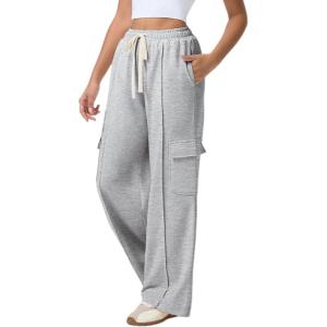 imageAleumdr Womens Wide Leg Cargo Sweatpants Casual Loose Pants Drawstring High Waisted Baggy Lounge Pants with PocketsLight Grey