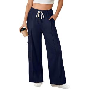 imageAleumdr Womens Wide Leg Cargo Sweatpants Casual Loose Pants Drawstring High Waisted Baggy Lounge Pants with PocketsNavy Blue