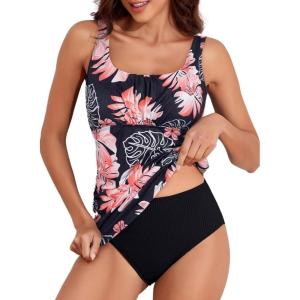 imageAleumdr Womens Ribbed Ruched Two Piece Tankini Bathing Suits Tummy Control Swim Top with Bottom SwimsuitsBlack Printed