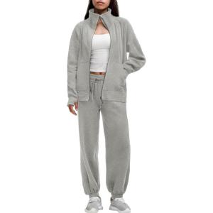 imageAleumdr Womens 2 Piece Outfits Zip up Sweatsuit Set Sweatshirt Jacket with Sweatpants Tracksuit Athletic Match Lounge SetsA2 Gray