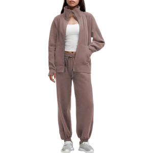 imageAleumdr Womens 2 Piece Outfits Zip up Sweatsuit Set Sweatshirt Jacket with Sweatpants Tracksuit Athletic Match Lounge SetsA5 Mauve Gray