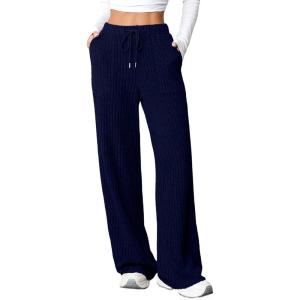imageAleumdr Womens Ribbed Wide Leg Lounge Pants with Pockets Casual Relaxed Comfy Loose Soft Knit Pajama Pants with DrawstringA3 Navy Blue