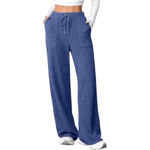 imageAleumdr Womens Ribbed Wide Leg Lounge Pants with Pockets Casual Relaxed Comfy Loose Soft Knit Pajama Pants with DrawstringA5 Blue