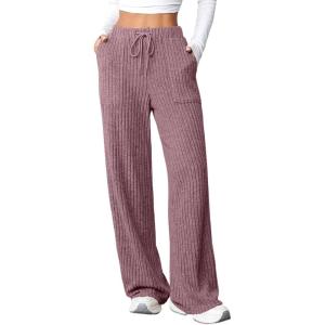 imageAleumdr Womens Ribbed Wide Leg Lounge Pants with Pockets Casual Relaxed Comfy Loose Soft Knit Pajama Pants with DrawstringPink Brown