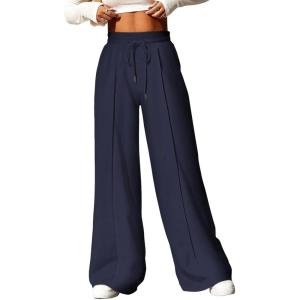 imageAleumdr Womens High Waisted Drawstring Waist Wide Leg Sweatpants with Pockets Casual Loose Yoga PantsLighter Weight Navy Blue