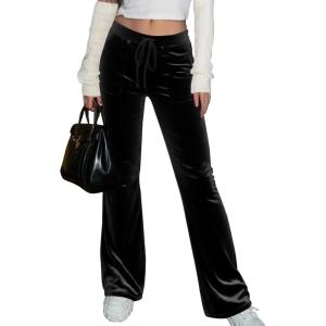 imageAleumdr Womens High Waisted Sweatpants Flare Leg Lounge Pants Drawstring Waist Velour Pants Pajama Pants with PocketsBlack