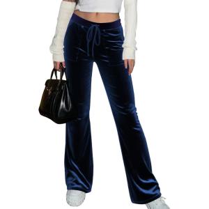 imageAleumdr Womens High Waisted Sweatpants Flare Leg Lounge Pants Drawstring Waist Velour Pants Pajama Pants with PocketsNavy Blue