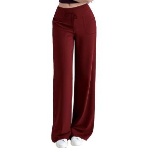 imageAleumdr Womens Wide Leg Lounge Pansts with Pocket Yoga Sweatpants High Waisted Baggy Athletic Palazzo Flowy PantsA5 Wine Red