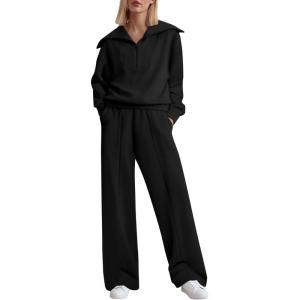 imageAleumdr Two Piece Outfits Half Zip Sweatshirt Sweatsuit Lounge Sets for Women Matching Set Wide Leg Sweatpant TracksuitA1 Black