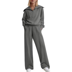 imageAleumdr Two Piece Outfits Half Zip Sweatshirt Sweatsuit Lounge Sets for Women Matching Set Wide Leg Sweatpant TracksuitA11 Dark Grey