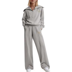 imageAleumdr Two Piece Outfits Half Zip Sweatshirt Sweatsuit Lounge Sets for Women Matching Set Wide Leg Sweatpant TracksuitA13 Gray