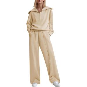 imageAleumdr Two Piece Outfits Half Zip Sweatshirt Sweatsuit Lounge Sets for Women Matching Set Wide Leg Sweatpant TracksuitA5 Apricot