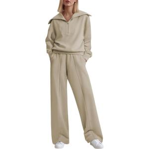 imageAleumdr Two Piece Outfits Half Zip Sweatshirt Sweatsuit Lounge Sets for Women Matching Set Wide Leg Sweatpant TracksuitA7 Beige