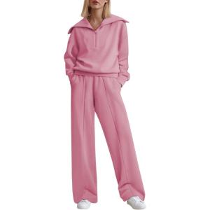 imageAleumdr Two Piece Outfits Half Zip Sweatshirt Sweatsuit Lounge Sets for Women Matching Set Wide Leg Sweatpant TracksuitA8 Pink