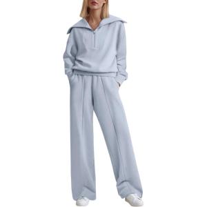 imageAleumdr Two Piece Outfits Half Zip Sweatshirt Sweatsuit Lounge Sets for Women Matching Set Wide Leg Sweatpant TracksuitLighter Weight Blue