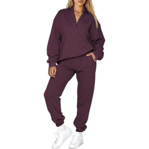 imageAleumdr Women 2 Piece Outfits Sweatsuit Oversized Half Zip Pullover Long Sleeve Sweatshirt Jogger Pants Set with PocketsBurgundy Red