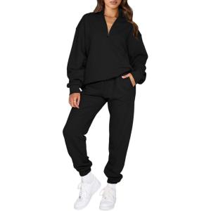 imageAleumdr Women 2 Piece Outfits Sweatsuit Oversized Half Zip Pullover Long Sleeve Sweatshirt Jogger Pants Set with PocketsLighter Weight Black