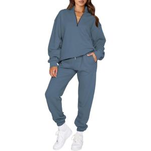 imageAleumdr Women 2 Piece Outfits Sweatsuit Oversized Half Zip Pullover Long Sleeve Sweatshirt Jogger Pants Set with PocketsLighter Weight Blue