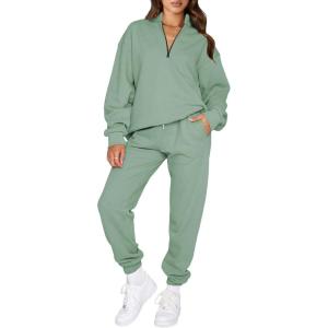 imageAleumdr Women 2 Piece Outfits Sweatsuit Oversized Half Zip Pullover Long Sleeve Sweatshirt Jogger Pants Set with PocketsLighter Weight Green