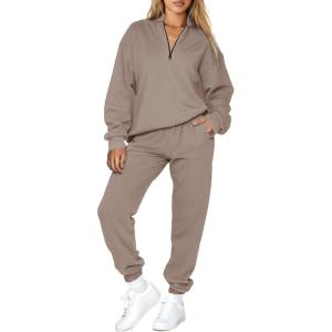 imageAleumdr Women 2 Piece Outfits Sweatsuit Oversized Half Zip Pullover Long Sleeve Sweatshirt Jogger Pants Set with PocketsSimply Taupe