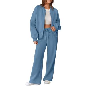 imageAleumdr Womens 2 Piece Outfits Oversized Fleece Sweatsuit Zip Up Long Sleeve Sweatshirt with Wide Leg SweatpantsDusk Blue