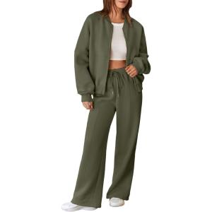 imageAleumdr Womens 2 Piece Outfits Oversized Fleece Sweatsuit Zip Up Long Sleeve Sweatshirt with Wide Leg SweatpantsMoss Green