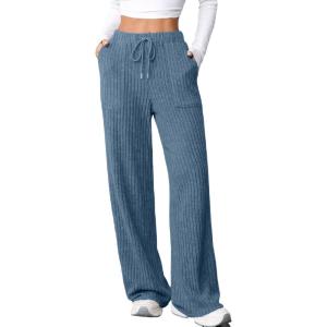 imageAleumdr Womens Ribbed Wide Leg Lounge Pants with Pockets Casual Relaxed Comfy Loose Soft Knit Pajama Pants with DrawstringAshleigh Blue
