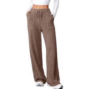 imageAleumdr Womens Ribbed Wide Leg Lounge Pants with Pockets Casual Relaxed Comfy Loose Soft Knit Pajama Pants with DrawstringCoffee