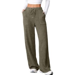 imageAleumdr Womens Ribbed Wide Leg Lounge Pants with Pockets Casual Relaxed Comfy Loose Soft Knit Pajama Pants with DrawstringGreen