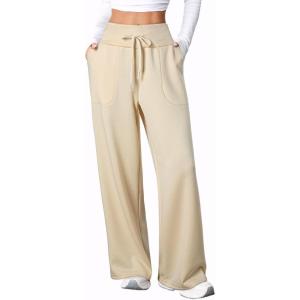 imageAleumdr Womens Wide Leg Lounge Pants with Pocket Yoga Sweatpants High Waisted Baggy Athletic Palazzo Flowy PantsA6 Beige